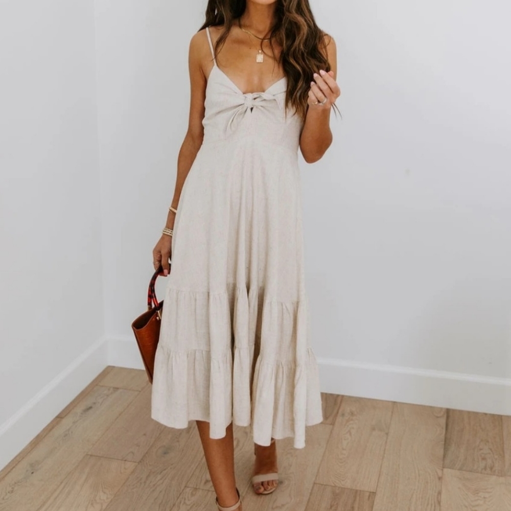 Porter Linen Blend Tie Front Midi Dress - VICI